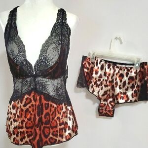 Frederick's of Hollywood Leopard and Black Lace Chemise Set